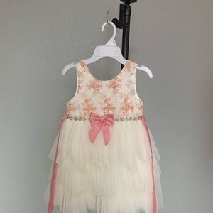 Cream and Pink Tulle Dress with Bow